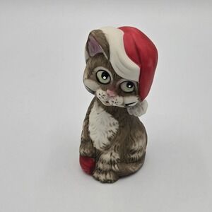 Vtg Jasco Tabby Cat in Santa Hat with Ball of Yarn Ceramic Bell Big Eyes Vintage
